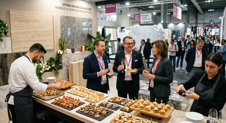 Catering fiera Marmomac con persone a un buffet
